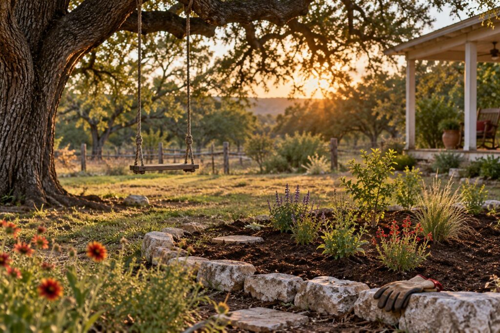 An empty rope swing over a newly planted garden bed