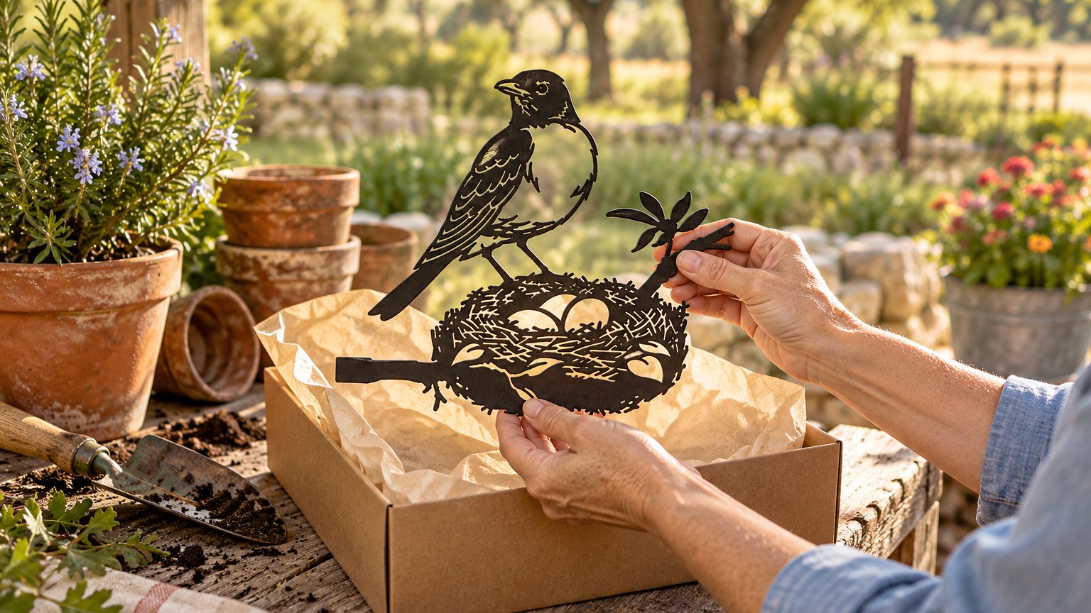 Garden gift ideas: the Mama Bird Stake coming out of a gift box on a potting bench
