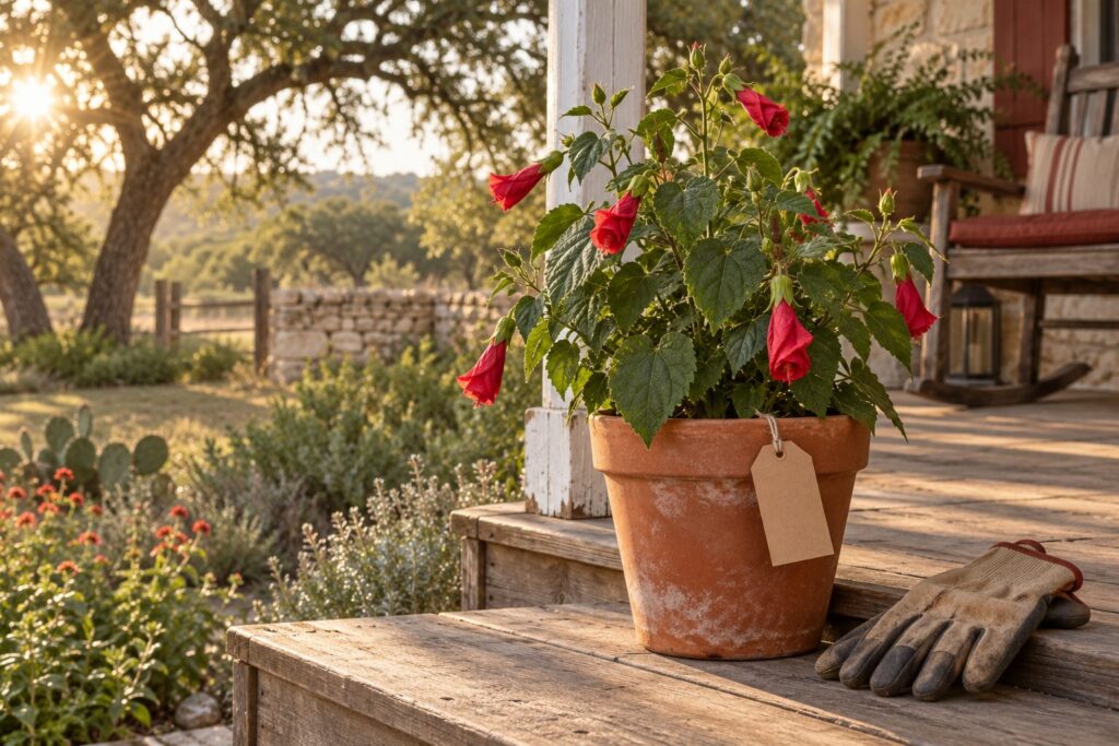A potted Turk's cap with a gift tag on a porch step