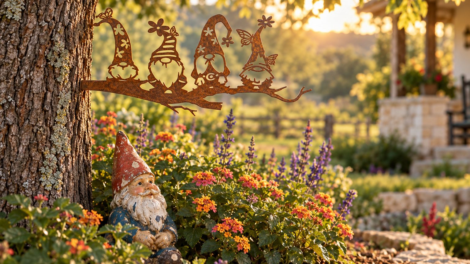 Garden gnome meaning: the 4 Whimsical Gnomes Tree Stake above a ceramic gnome