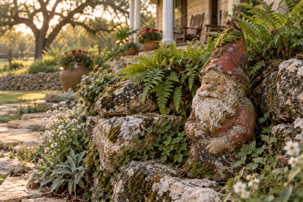 A weathered antique terracotta gnome in an old stone rockery