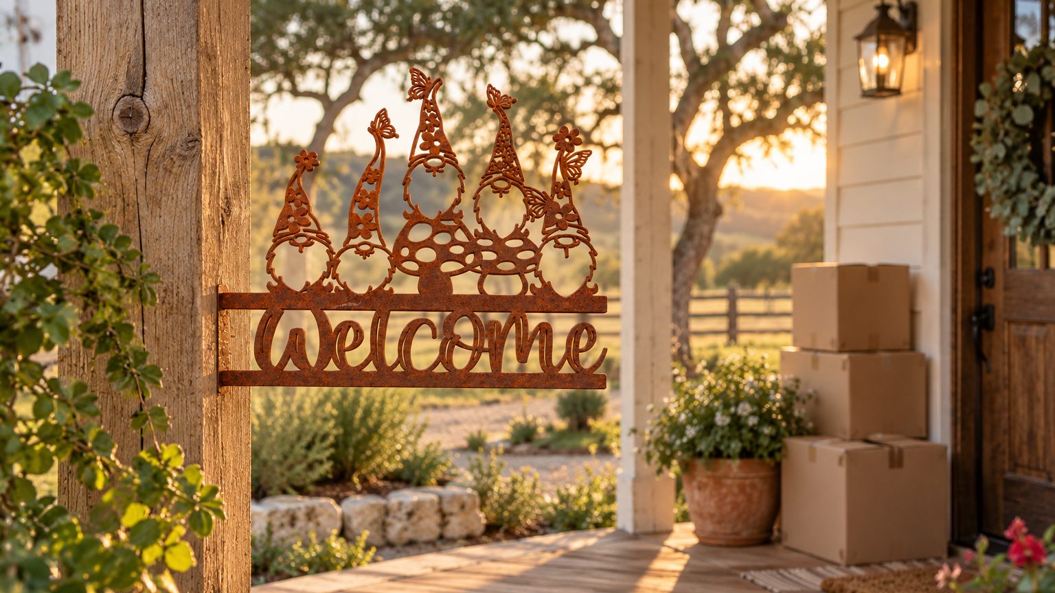Housewarming gift ideas: the Gnome Welcome Sign Stake on the porch of a new home