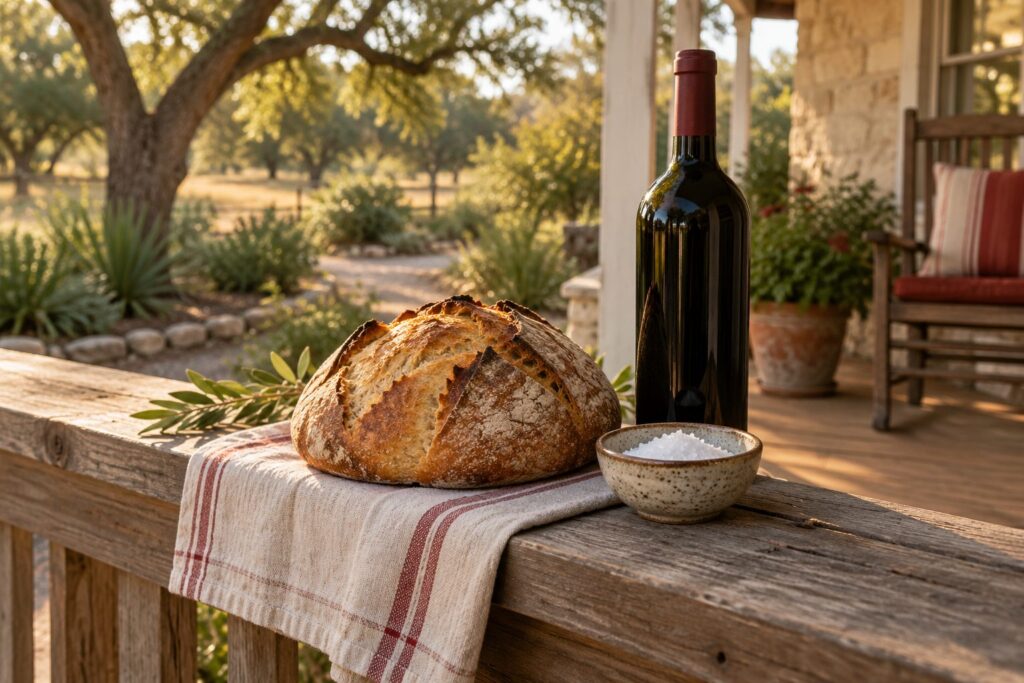 Bread, salt and wine set out as a traditional housewarming gift