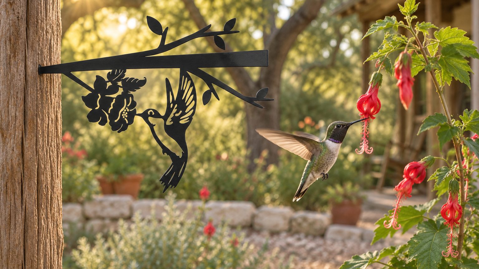 A black-chinned hummingbird at Turk's cap, with the Hummingbird Stake behind it