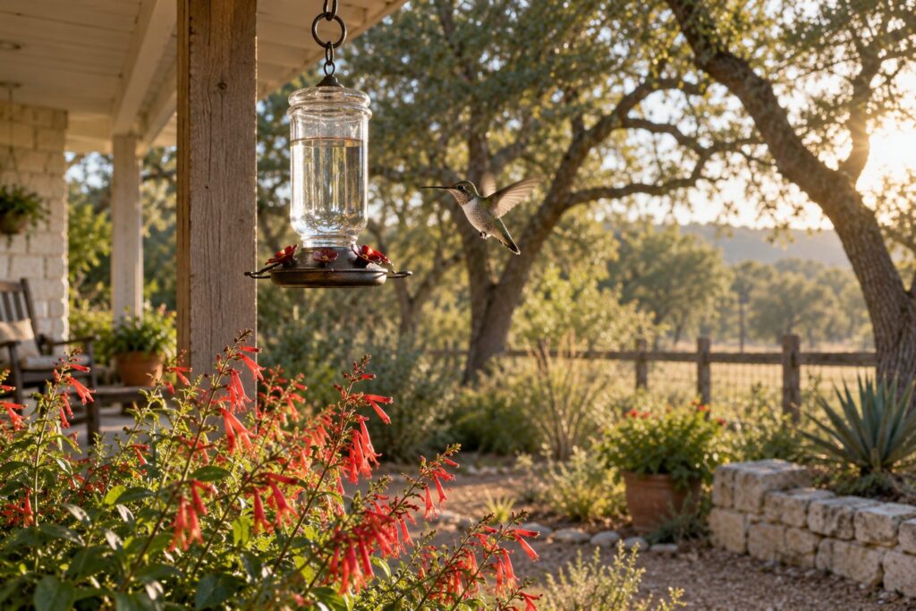A clean feeder with clear nectar hanging from a porch eave