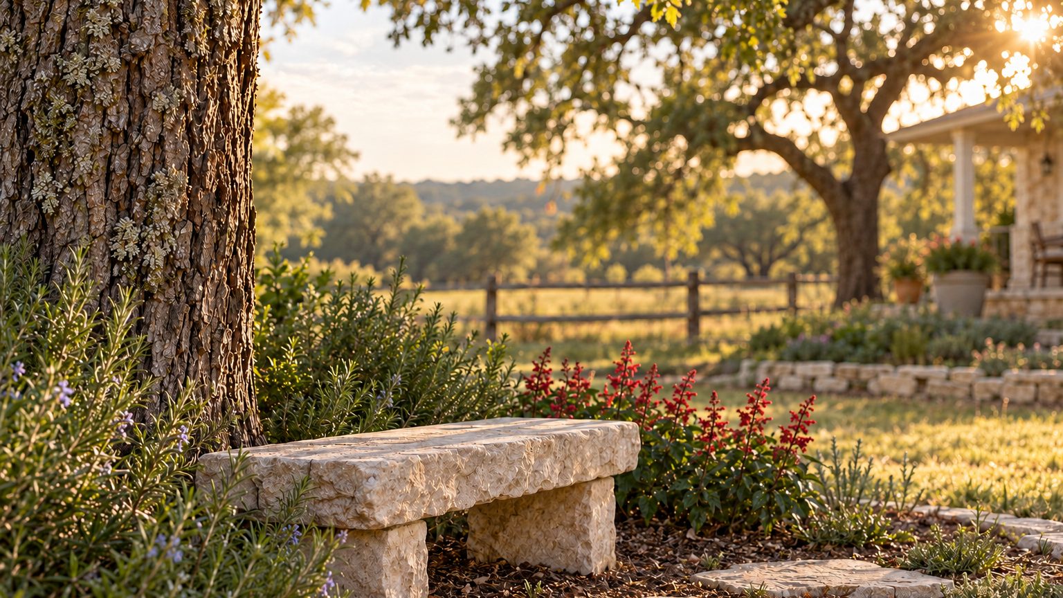 Memorial garden ideas: a limestone bench under a live oak with rosemary and red salvia