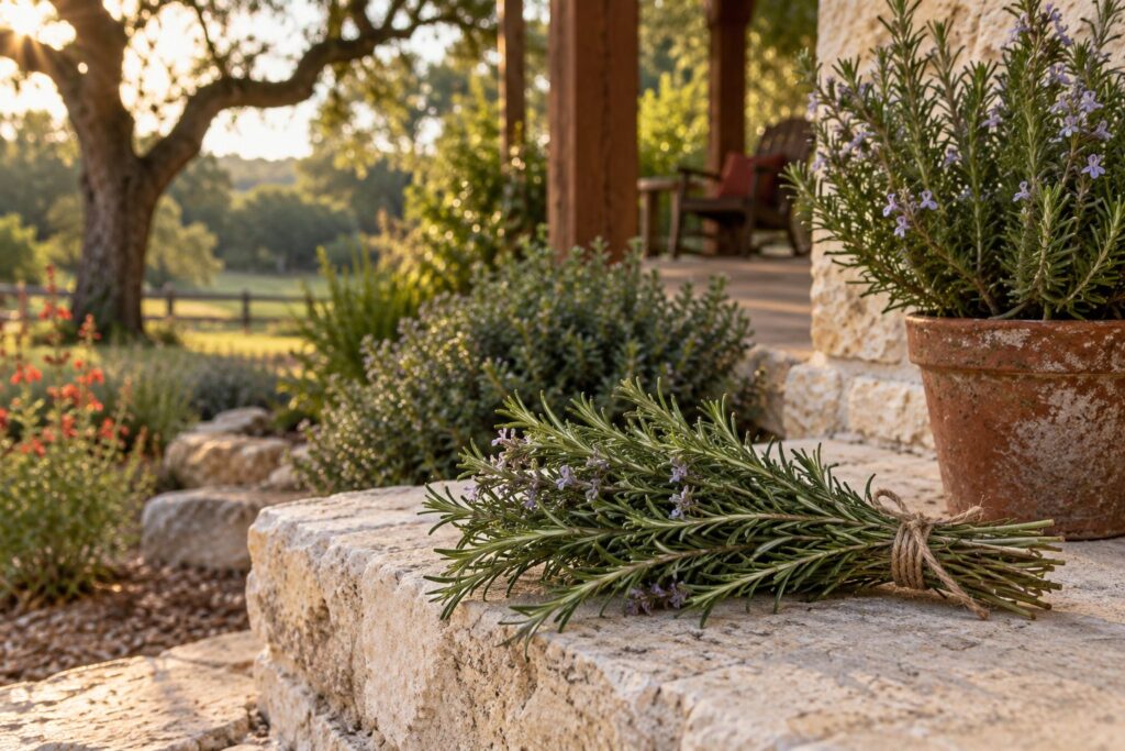 Rosemary sprigs tied with twine on a limestone step