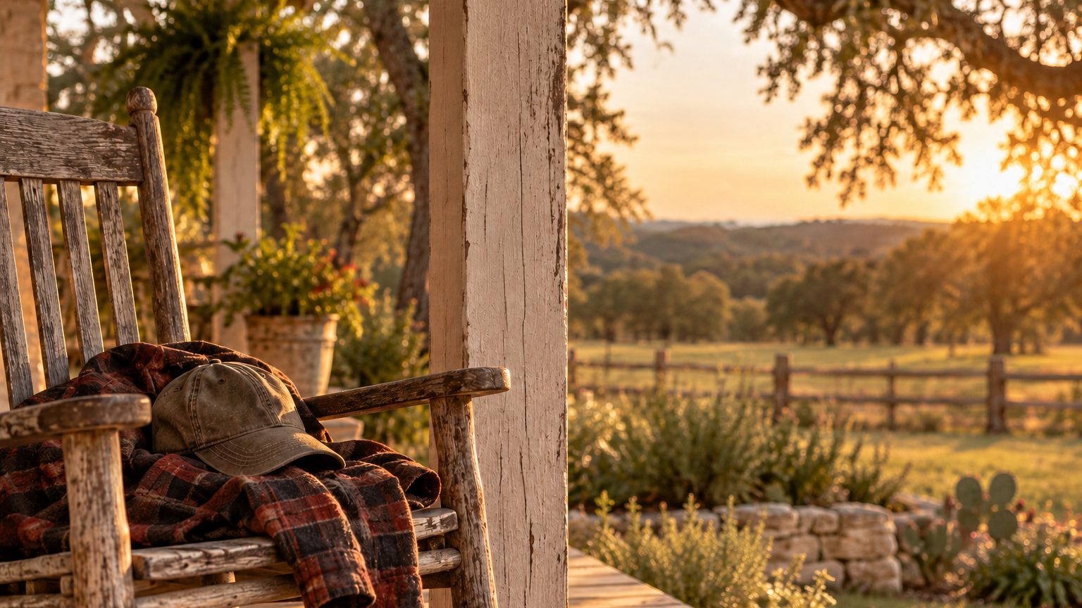 An empty porch rocker with a flannel jacket and ball cap left on the seat