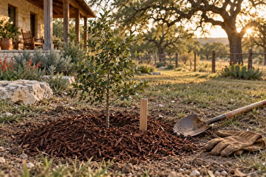 A young live oak freshly planted in someone's memory