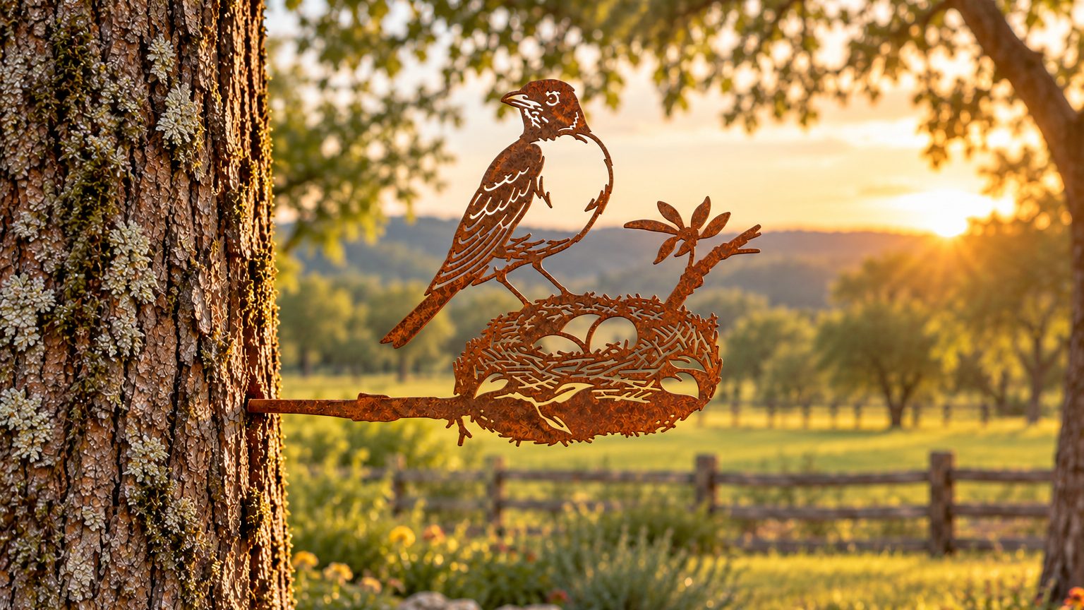 The Mama Bird Stake set into a healthy live oak, showing where the stake meets the bark