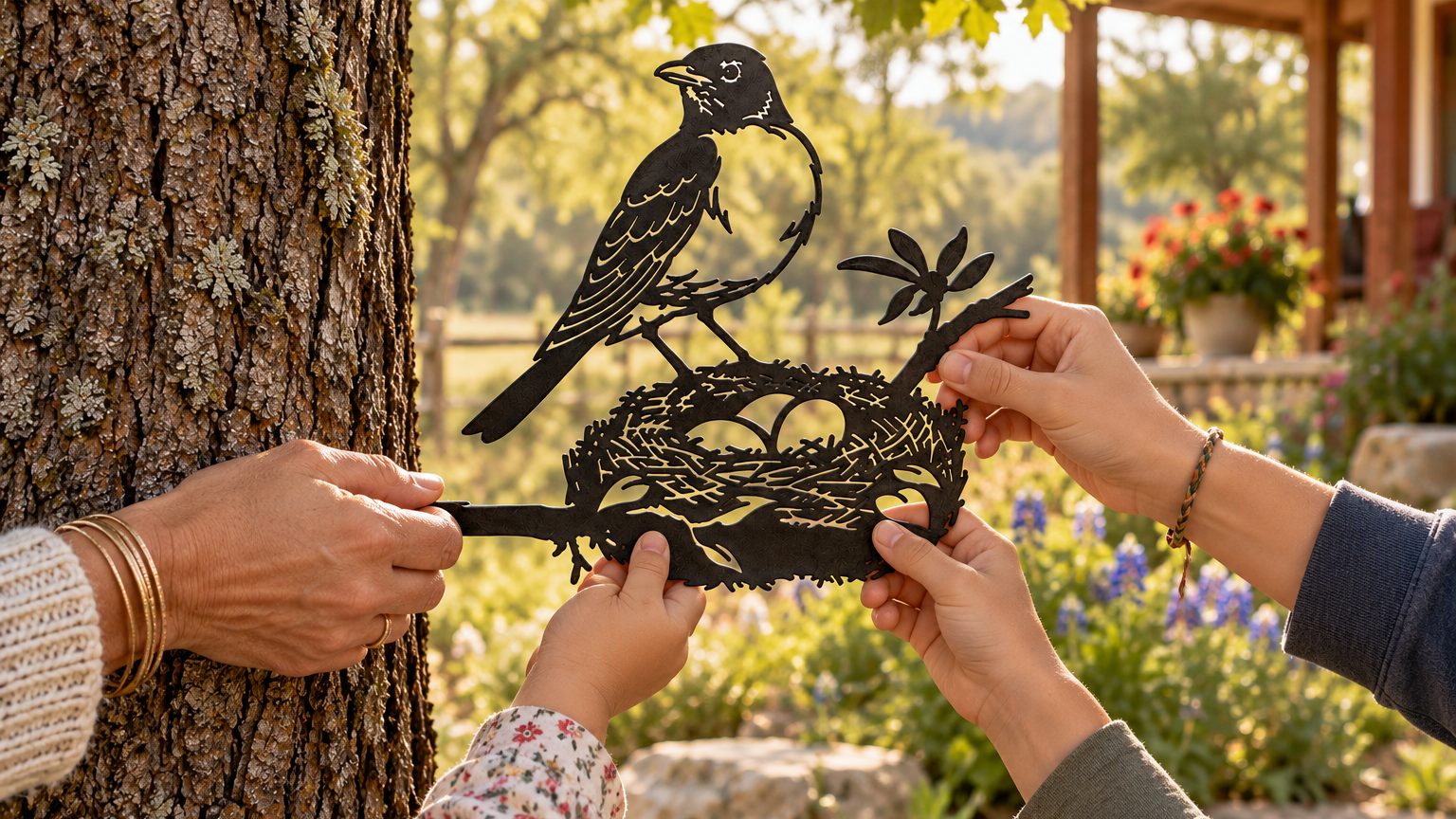 Mother's Day garden gifts: a mom and three kids holding the Mama Bird Stake