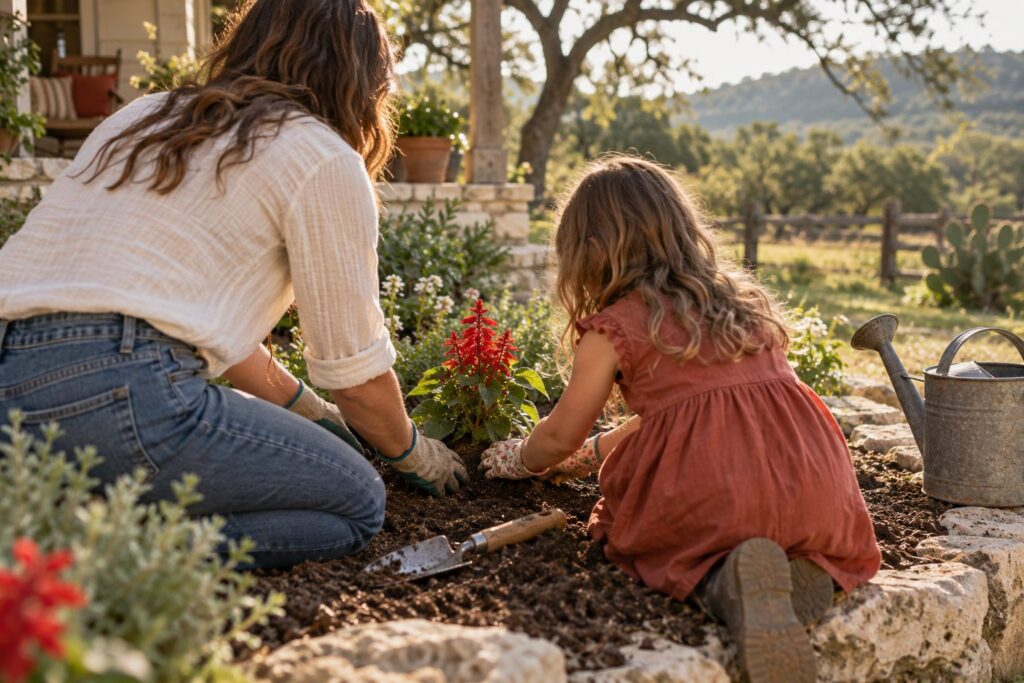 A mom and child planting salvia together in May