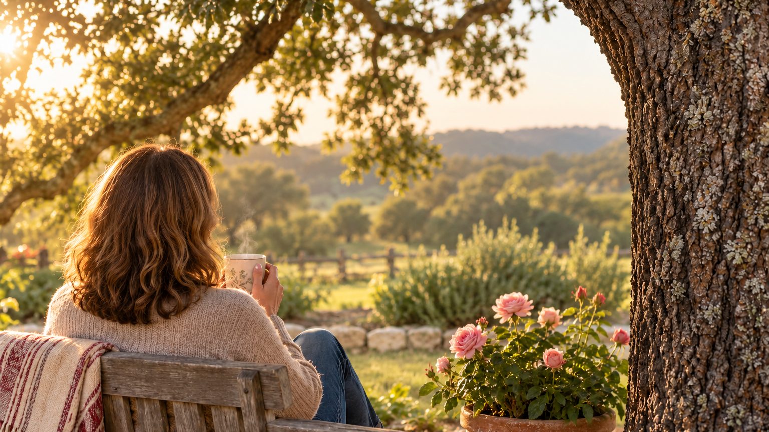 Mother's Day without mom: a quiet morning on a garden bench beside a pot of pink roses