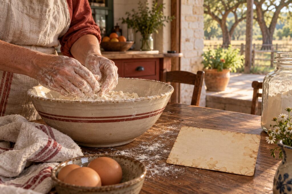 Flour-dusted hands and an old handwritten recipe card
