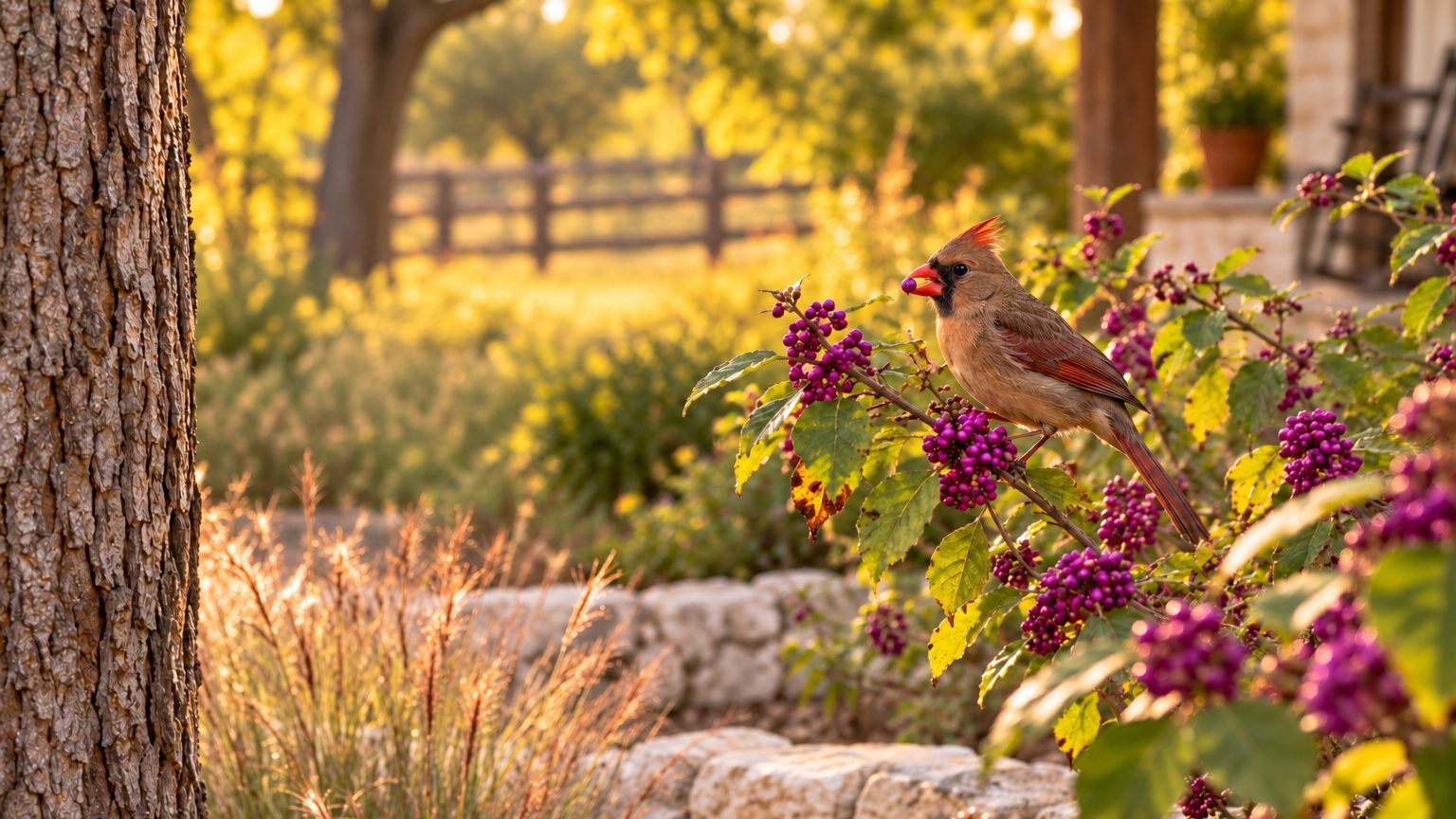 Native plants for birds: a female cardinal eating American beautyberry in a Texas yard