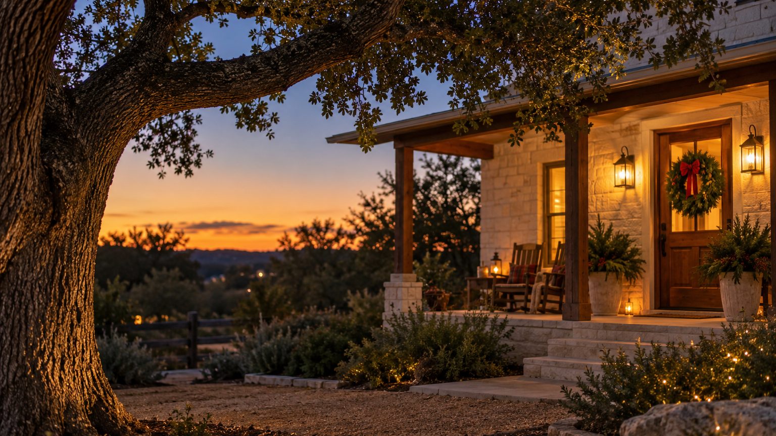 Outdoor tree decorations at dusk: a live oak beside a porch with a wreath and warm lights