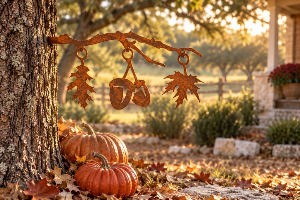 The Autumn Stake with its leaf and acorn pendants on an oak in October