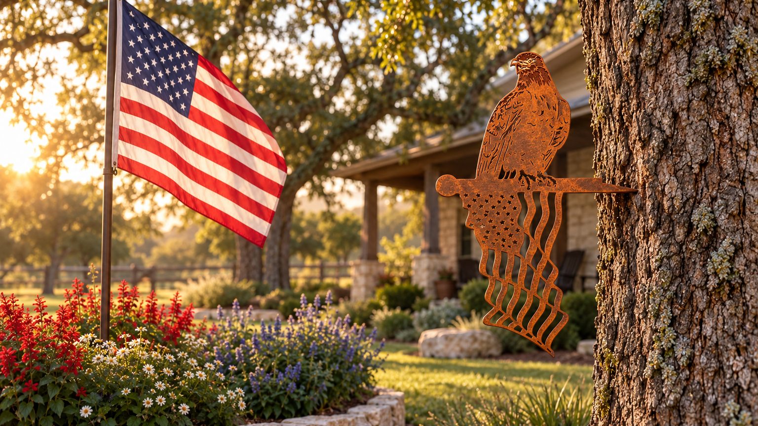 Patriotic garden decor: a flagpole bed with red, white and blue plants and the Eagle and Flag Stake