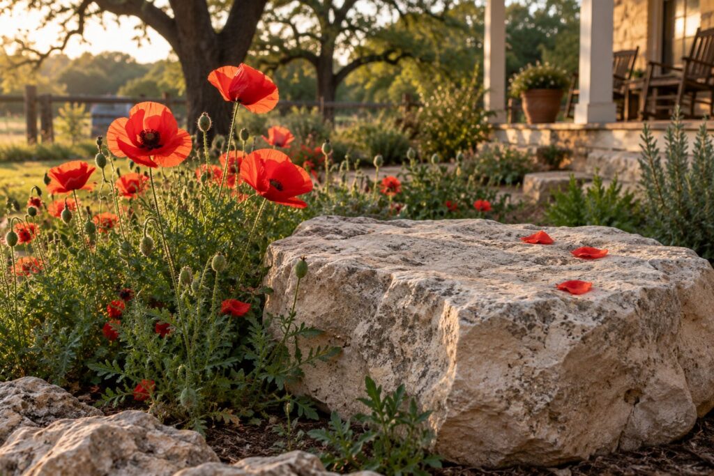 Red poppies blooming beside a limestone stone