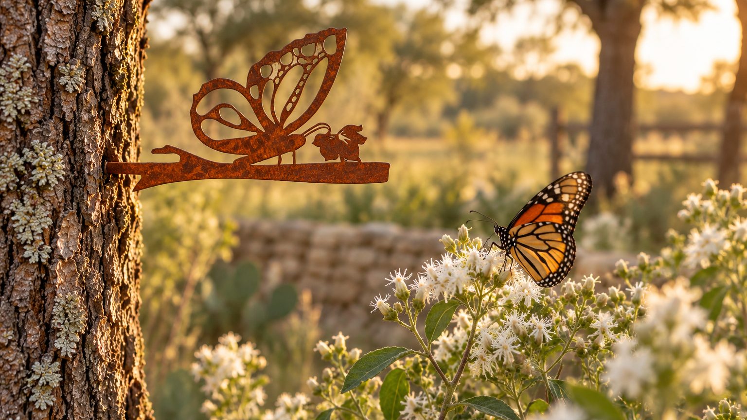 A monarch on frostweed in fall, with the Butterflies Stake behind it