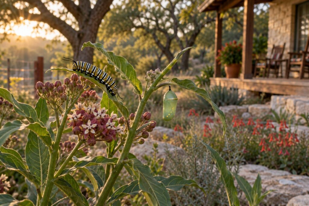 A monarch caterpillar and chrysalis on milkweed