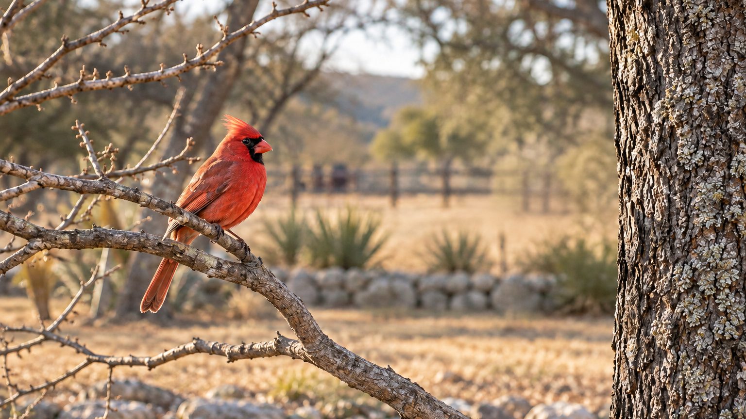 A male northern cardinal on a bare winter branch in a Central Texas yard