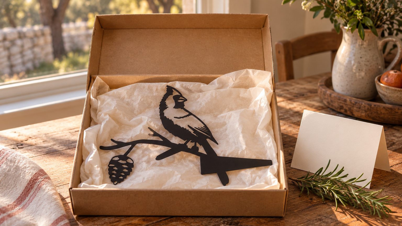 Sympathy gift ideas: the Cardinal Stake in a gift box with a handwritten card