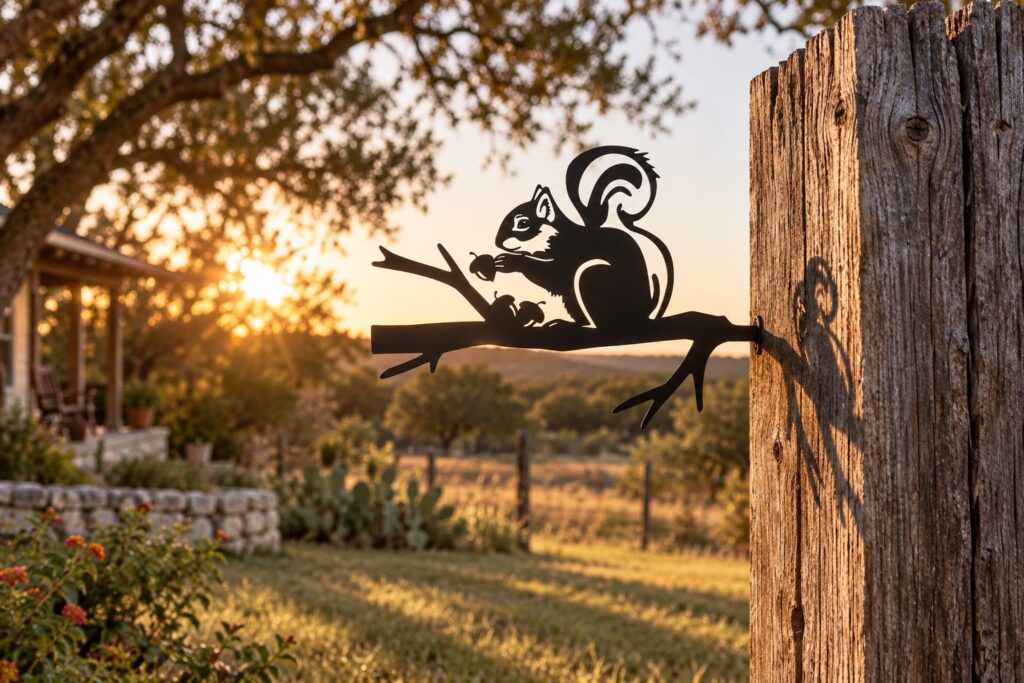 The Squirrel Stake on a cedar post at sunset, casting a long shadow