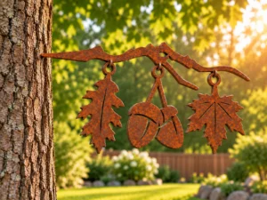 Rust-finish steel autumn oak leaf, acorns and maple leaf hanging from a branch-shaped hanger, its spike set into a tree trunk in a sunny garden