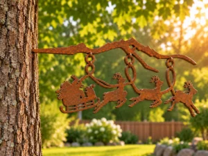 Rust-finish steel Christmas Santa sleigh and three reindeer hanging from a branch-shaped hanger, its spike set into a tree trunk in a sunny garden