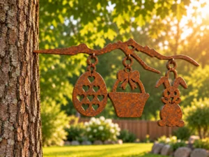 Rust-finish steel Easter egg, bow-topped basket and bunny hanging from a branch-shaped hanger, its spike set into a tree trunk in a sunny garden