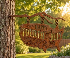 Rust-finish steel Fourth of July US-map sign reading Happy Fourth of July, Independence Day, since 1776, hanging from a branch-shaped hanger, its spike set into a tree trunk in a sunny garden