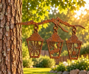 Rust-finish steel Halloween lantern trio with web, bat and spider cut-outs hanging from a branch-shaped hanger, its spike set into a tree trunk in a sunny garden