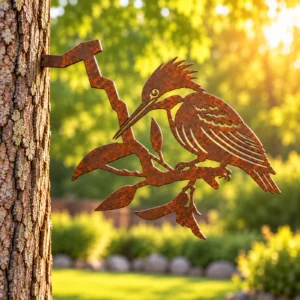 Rust-finish steel kingfisher on a zigzag branch with leaves, its spike set into a tree trunk in a sunny garden