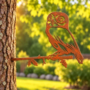 Rust-finish steel owl perched on a leafy branch, its spike set into a tree trunk in a sunny garden