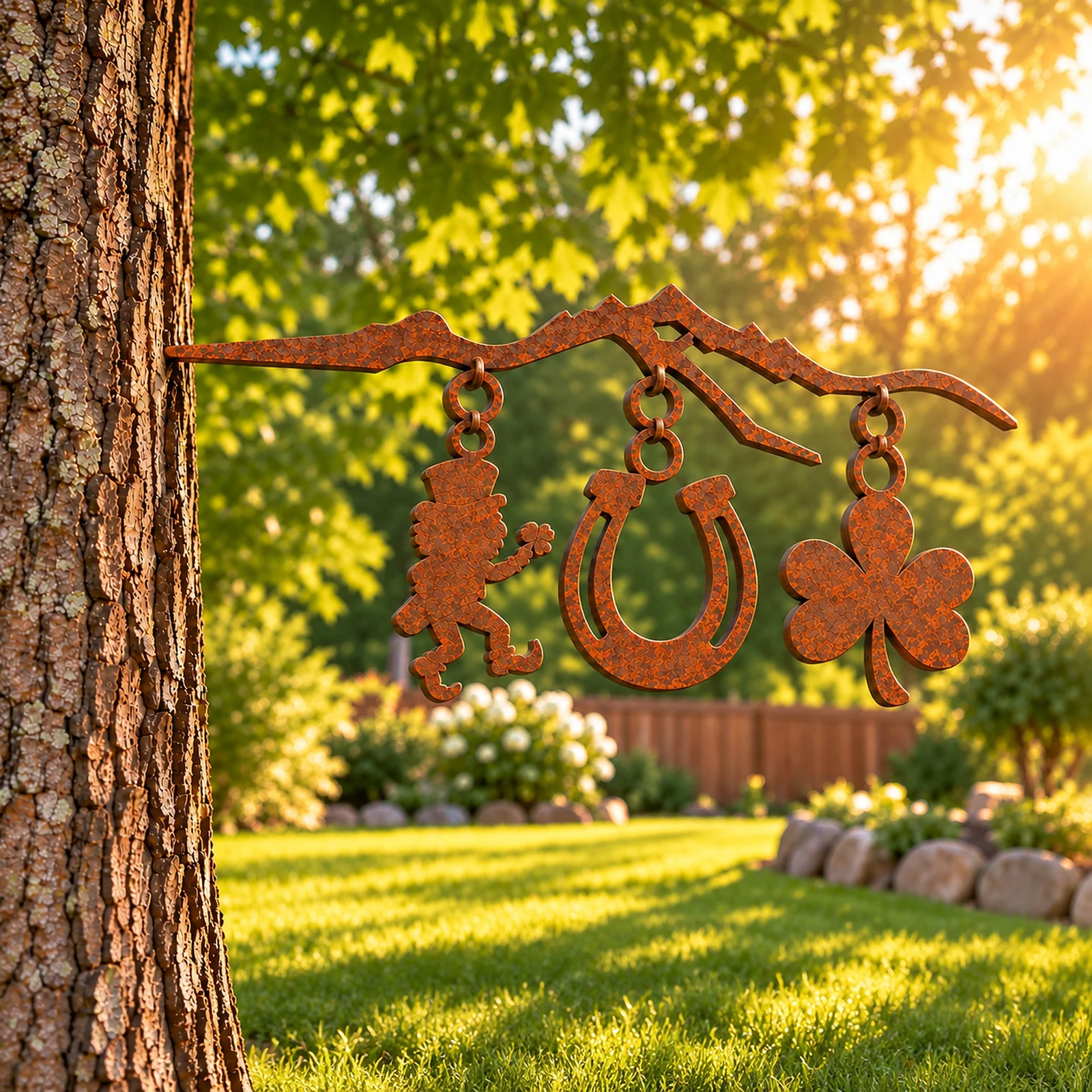 Rust-finish steel St. Patrick's Day leprechaun, horseshoe and shamrock hanging from a branch-shaped hanger, its spike set into a tree trunk in a sunny garden