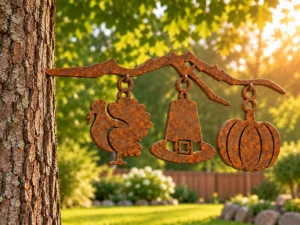 Rust-finish steel Thanksgiving turkey, pilgrim hat and pumpkin hanging from a branch-shaped hanger, its spike set into a tree trunk in a sunny garden